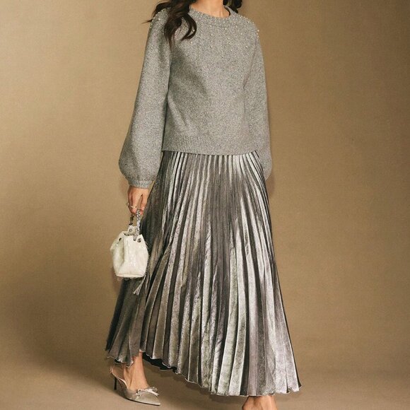 Women's Elegant Silver Metallic Flowing A-Line Pleated Maxi Skirt - Picture 7 of 7